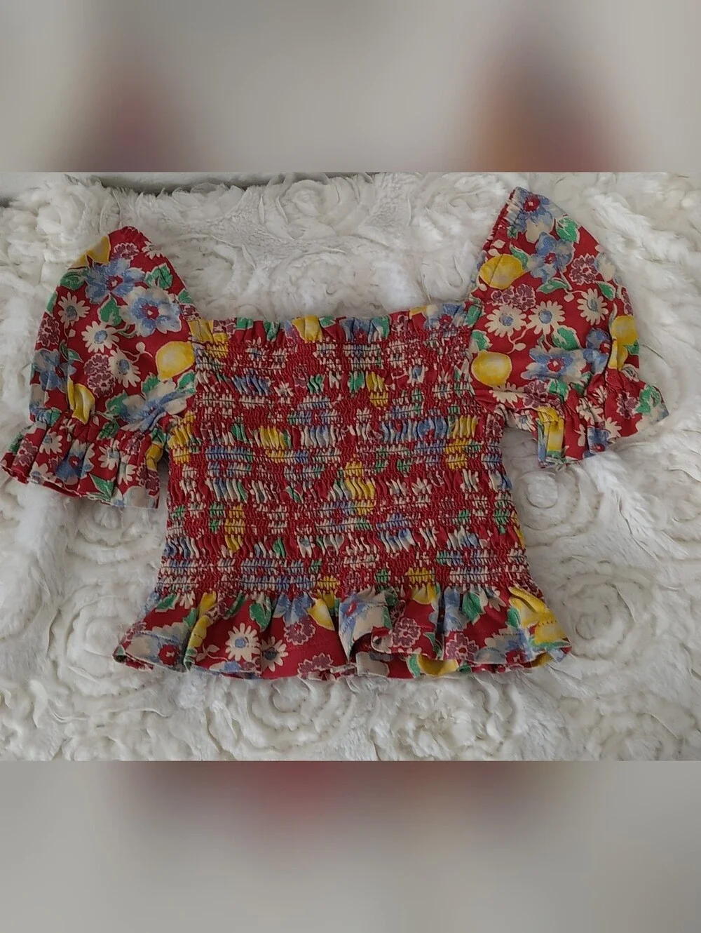 Ralph Lauren Red Floral Smocked Puff Sleeve Top